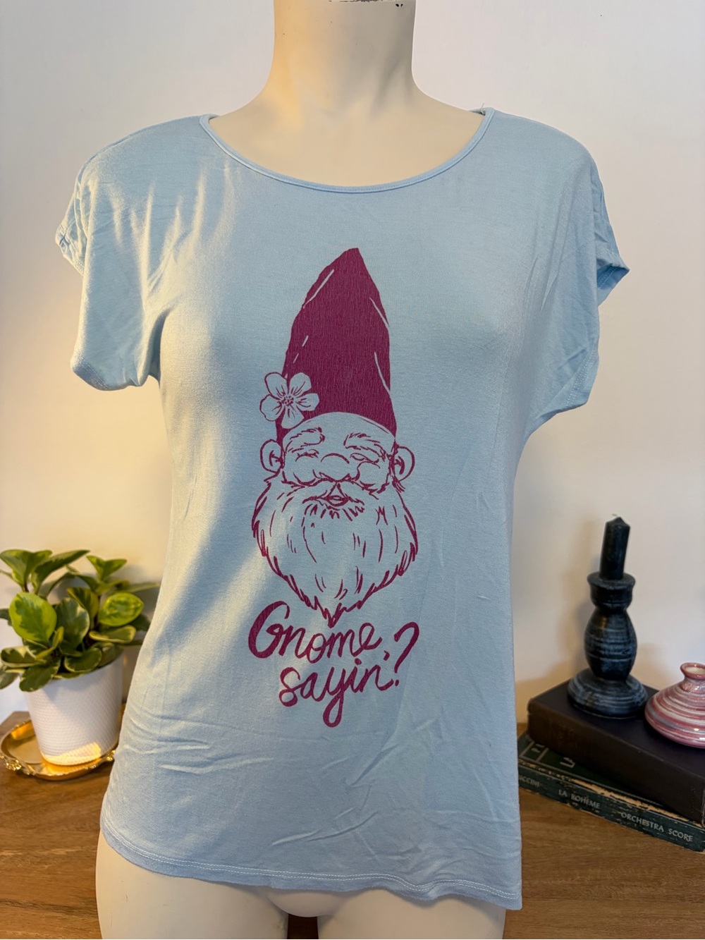 Gnome Sayin’ Garden Gnome Graphic Tee Baby Blue Pink Rayon XS